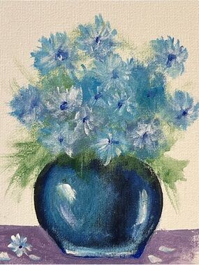 Original hand painted blue Daisy floral flowers in vase wall decor